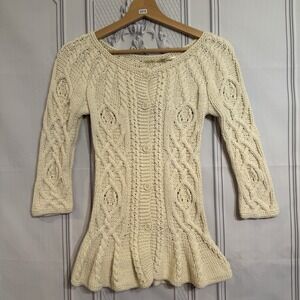 MAX STUDIO Cable Knit Button Up Cardigan Size Small Longline Peplum 3/4 Sleeve